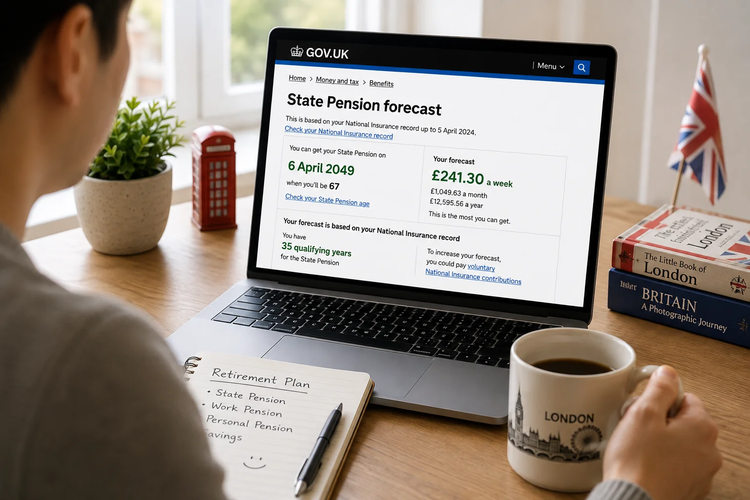 영국 연금 조회를 위해 State Pension Forecast를 확인하는 모습