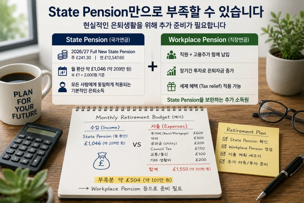 영국 State Pension과 Workplace Pension을 비교하고 은퇴 생활비를 계산하는 모습