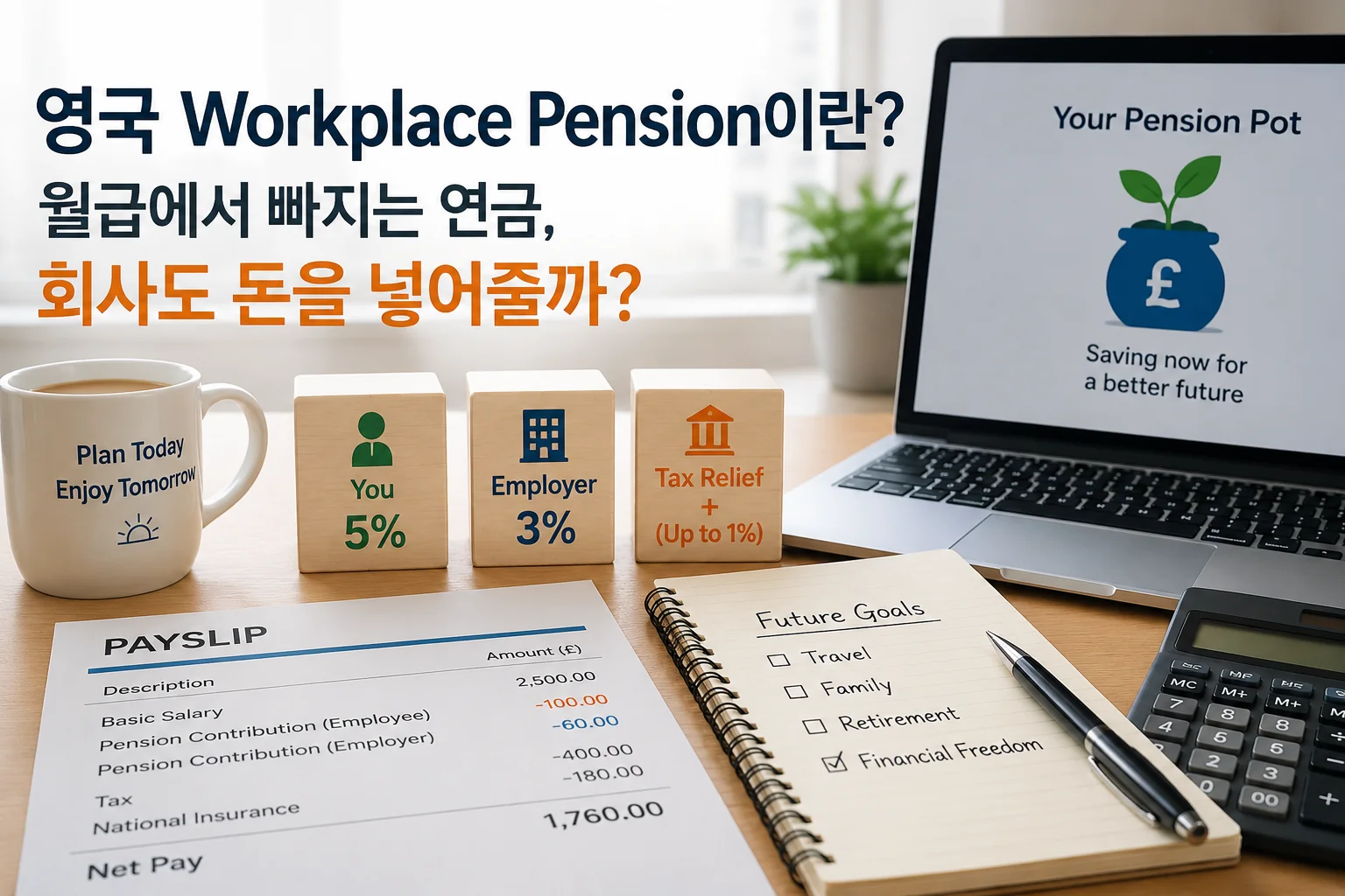 영국 Workplace Pension과 직장인 연금 contribution을 설명하는 이미지