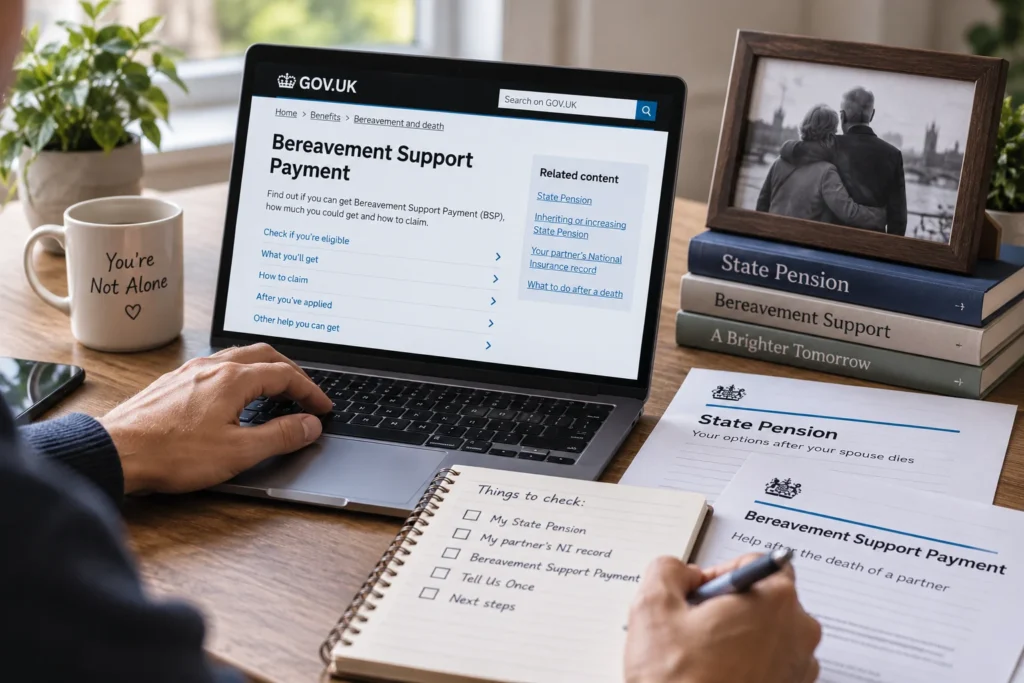 배우자 사망 후 Bereavement Support Payment와 State Pension을 확인하는 모습