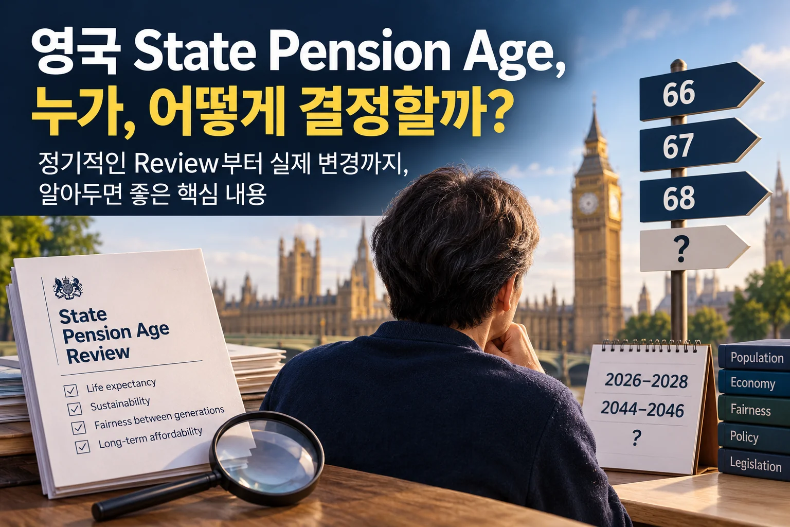 영국 State Pension Age Review와 66세, 67세, 68세 연금 수령 연령을 보여주는 이미지