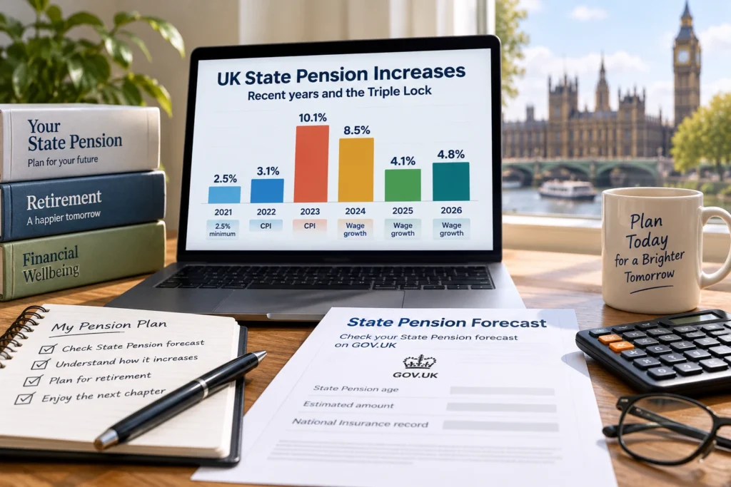 2021년부터 2026년까지 영국 State Pension 인상률과 Triple Lock 적용 기준을 보여주는 이미지