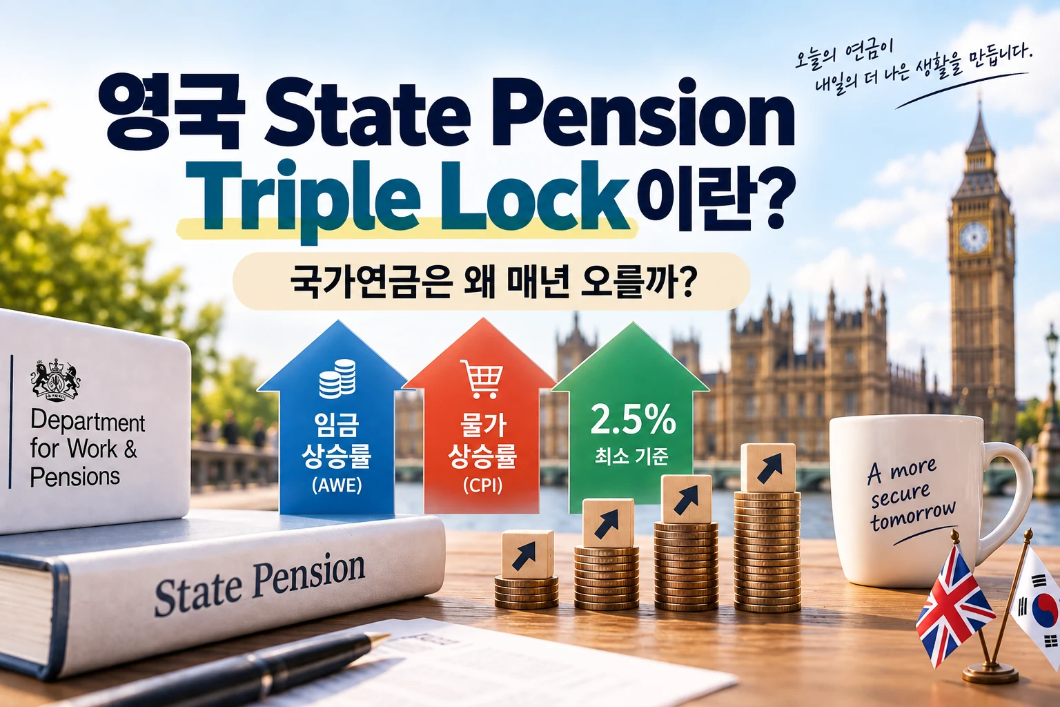 영국 State Pension Triple Lock의 임금 상승률, 물가 상승률, 2.5% 최소 기준을 보여주는 이미지