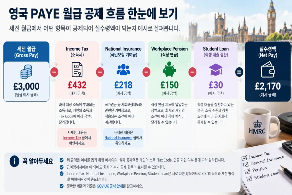 영국 PAYE 급여 공제 과정에서 Gross Pay에서 Income Tax, National Insurance, Workplace Pension 등을 제외해 Net Pay가 계산되는 예시