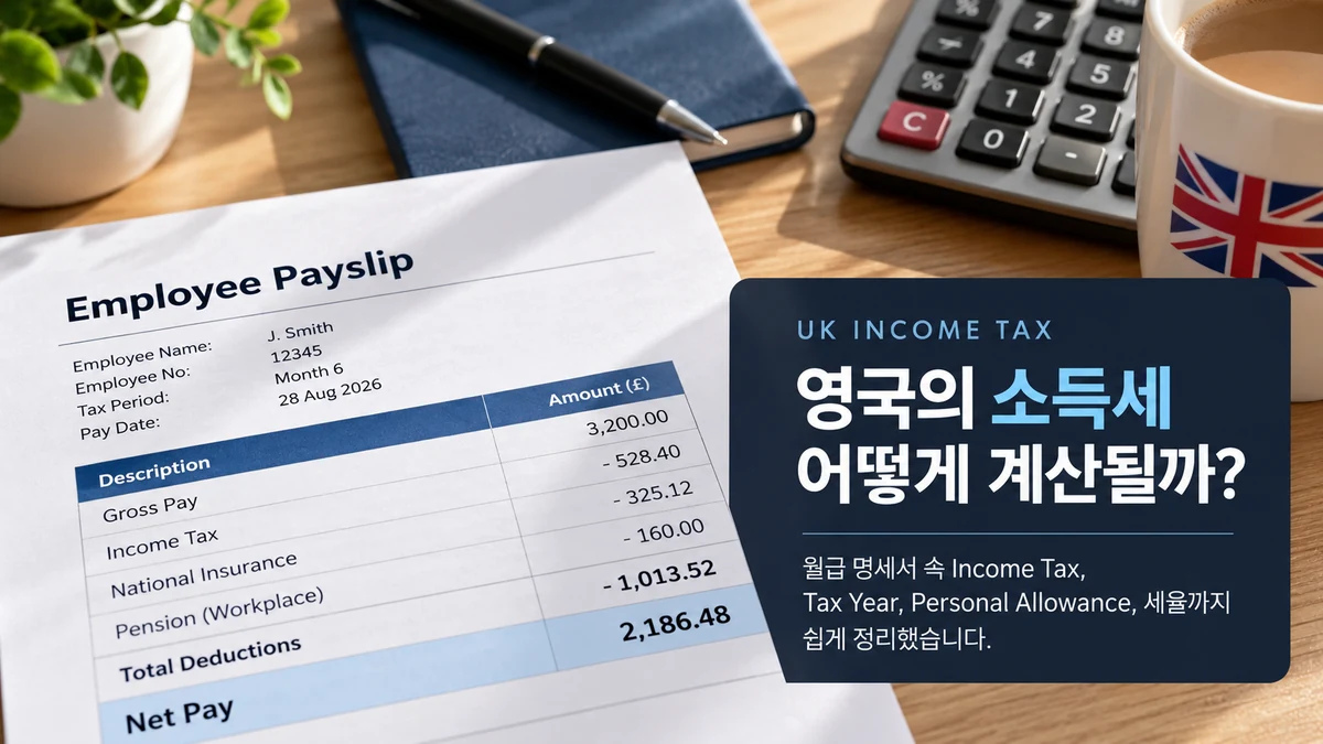영국 직장인의 급여명세서와 계산기로 Income Tax를 확인하는 모습