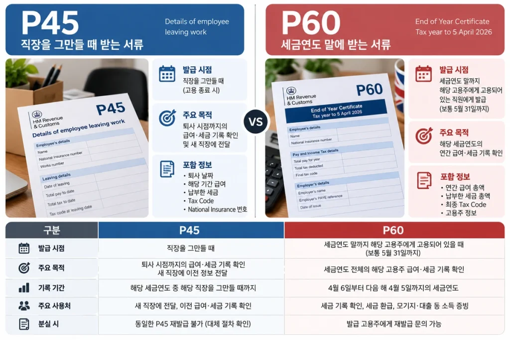 영국 P45와 P60의 발급 시점, 주요 목적, 기록 기간 및 분실 시 대처 방법을 비교한 인포그래픽